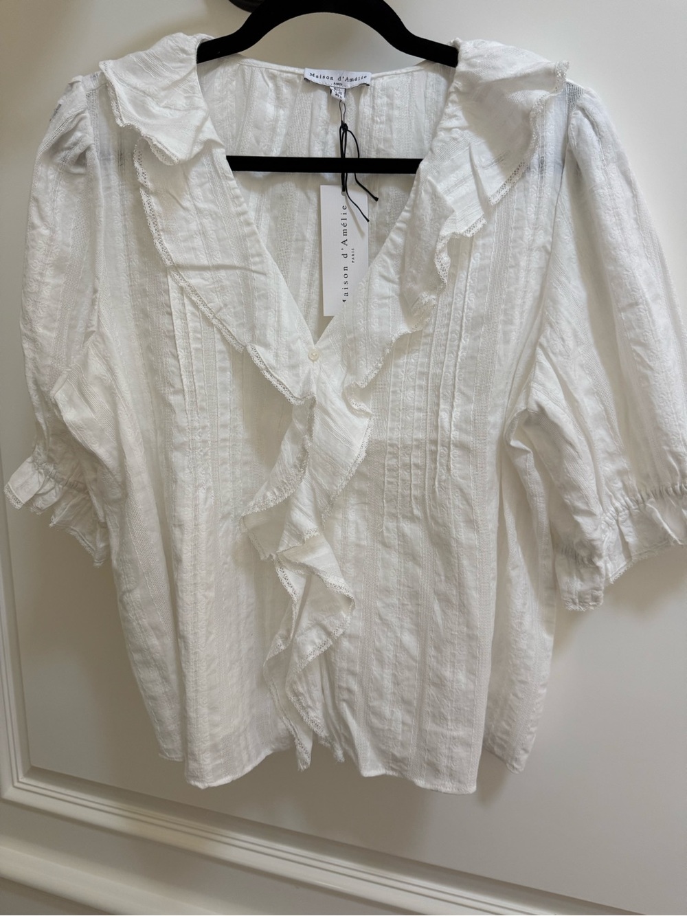 Maison D’ Amelie White Ruffle V-Neck Blouse